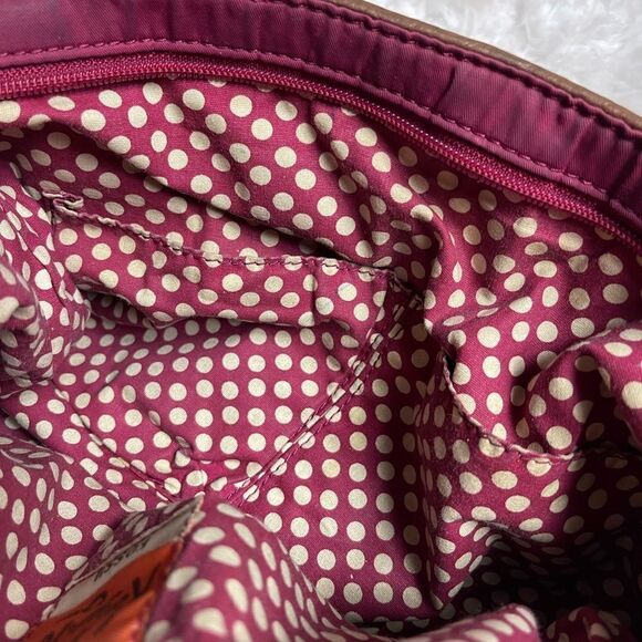 Fossil Key -Per Quilted Fabric burgundy shoulder bag brown leather trim & straps - Picture 11 of 12